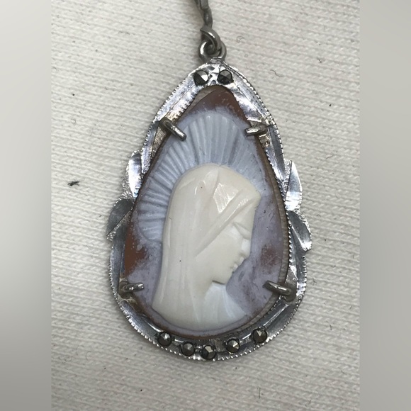 Edwardian Madonna Mary Rare 800 European Silver Cameo Pendant with Marcasite - Picture 1 of 8